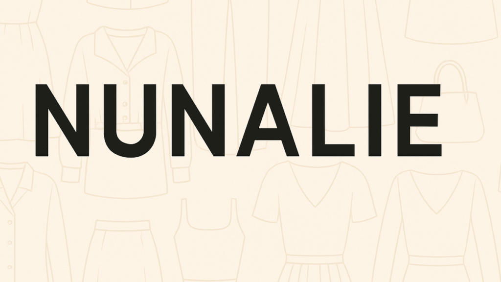Nunalie logo's background featuring illustrations of women's dresses, tops, skirts, pants, and accessories, representing modern women's fashion.