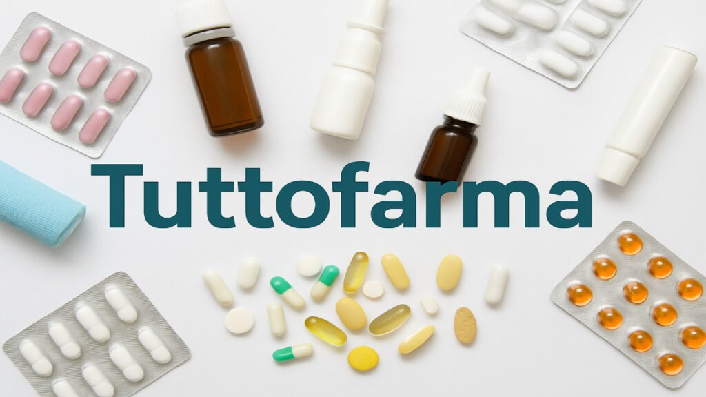 Logo of Tuttofarma with a background featuring pharmaceutical cosmetics, over-the-counter medications, vitamins, supplements, and skincare products, reflecting the brand’s wide parapharmaceutical offerings.