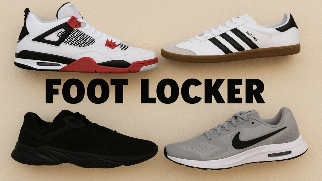 Display of premium sneakers and sportswear products at Foot Locker Milano featuring brands like Nike, Adidas, and Puma