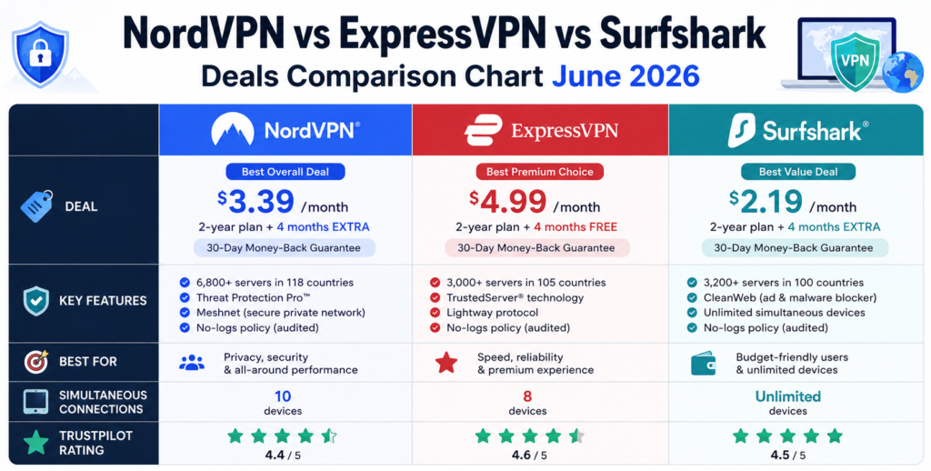 NordVPN vs ExpressVPN vs Surfshark deals comparison chart June 2026